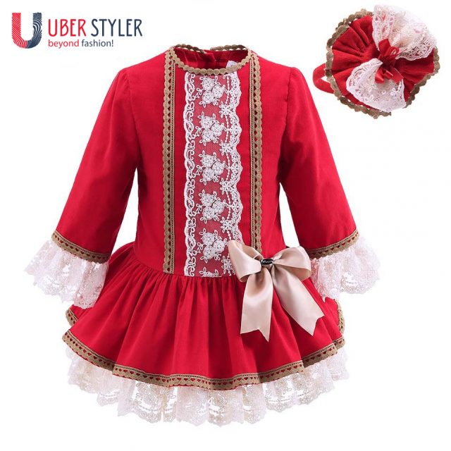 Red Girls Dress With Lace Headwear